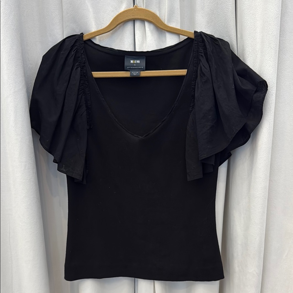 Maeve by Anthropologie Black Women's ruffle sleeved v neck top